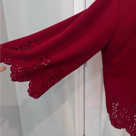 Red Laser Cut Scallop Hem Bell Sleeve Top 3XL Holiday Party Casual Festive Chic - Picture 3 of 11